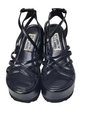 Vintage Y2k Funky Chunky Imitation Black Leather Platform Strappy Sandals Sz 7.5